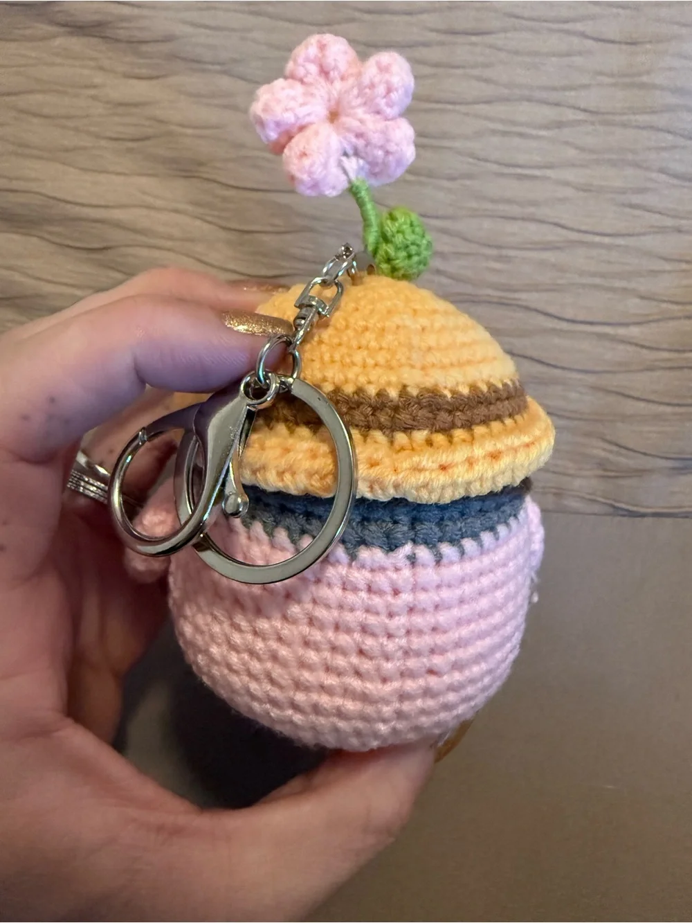 Handmade Pink Crochet Chick Keychain with Flower Hat
